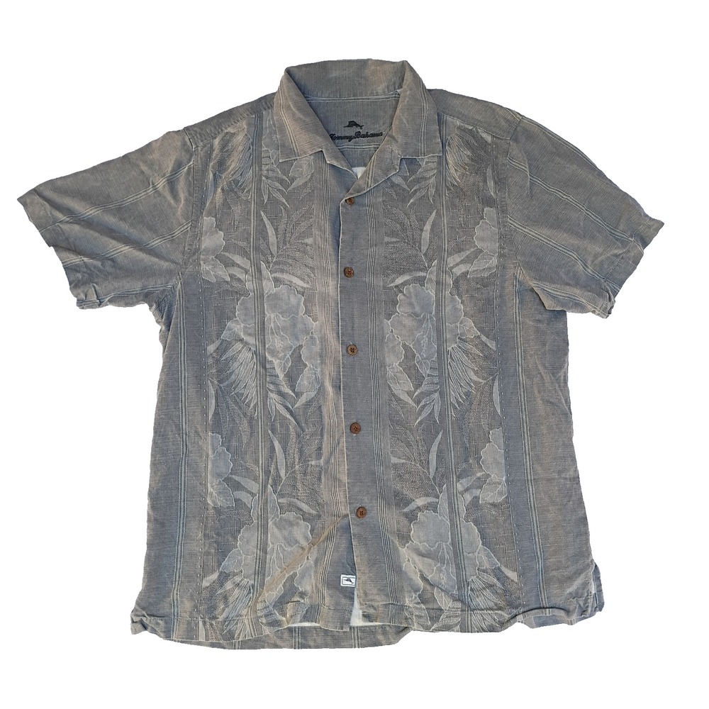Tommy Bahama Men Gray 100% Silk Floral Island Zone Short Sleeve Shirt Large